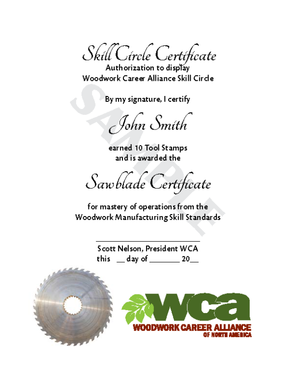 Sawblade Certificate Woodwork Career Alliance of North America